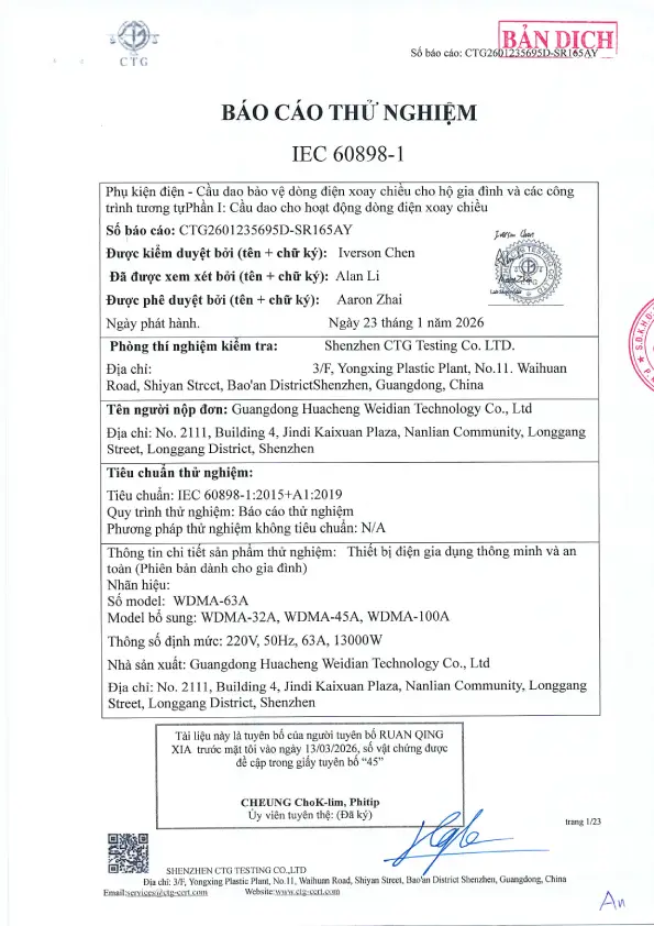 Báo cáo thử nghiệm IEC 60898-1